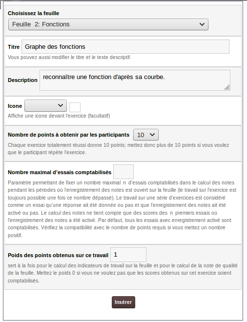 Insérer un exercice dans une feuille
