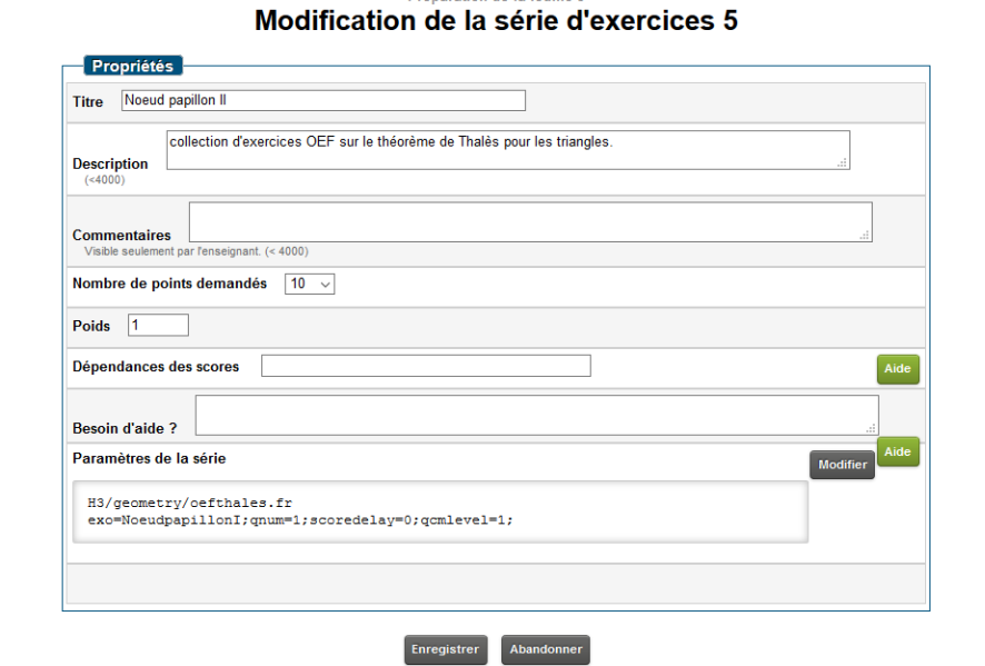 page de pr�paration : modification d'une s�rie d'exercices