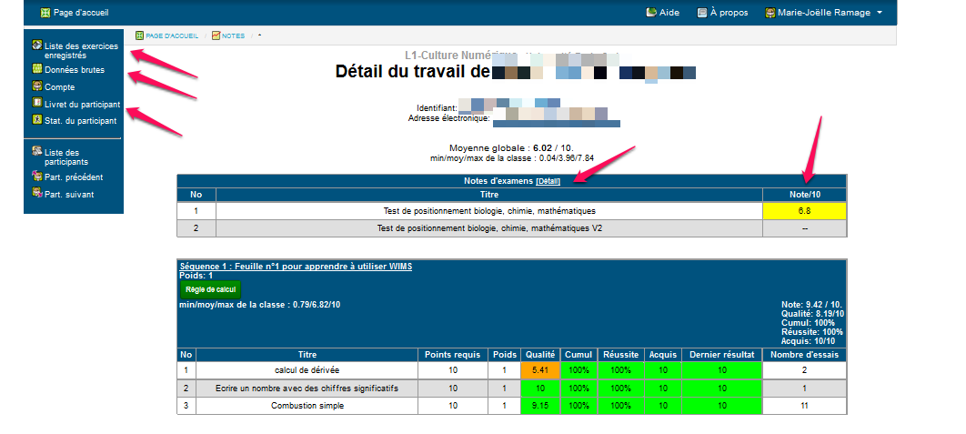 Affichage des r�sultats d'un participant